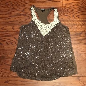 Express Taupe Sequin macramé racetrack tank Medium